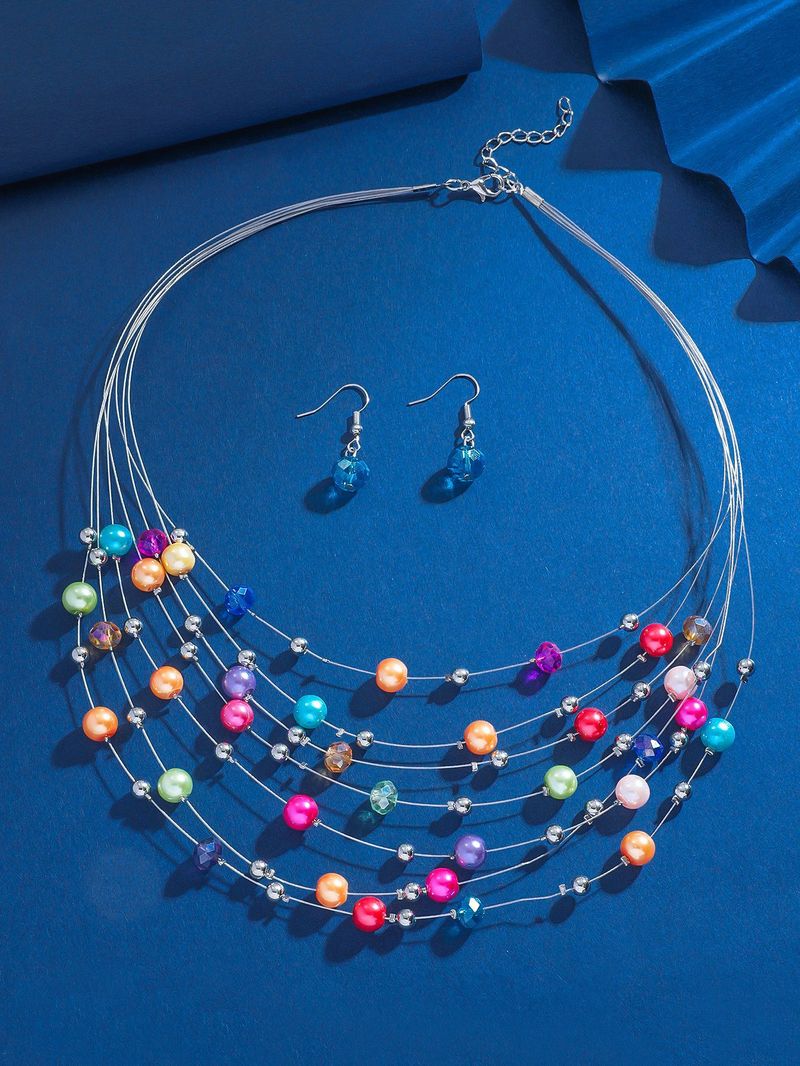 Conjunto de collar y pendientes de múltiples capas de cristal turquesa de estilo bohemio exagerado para mujer_voghion.com