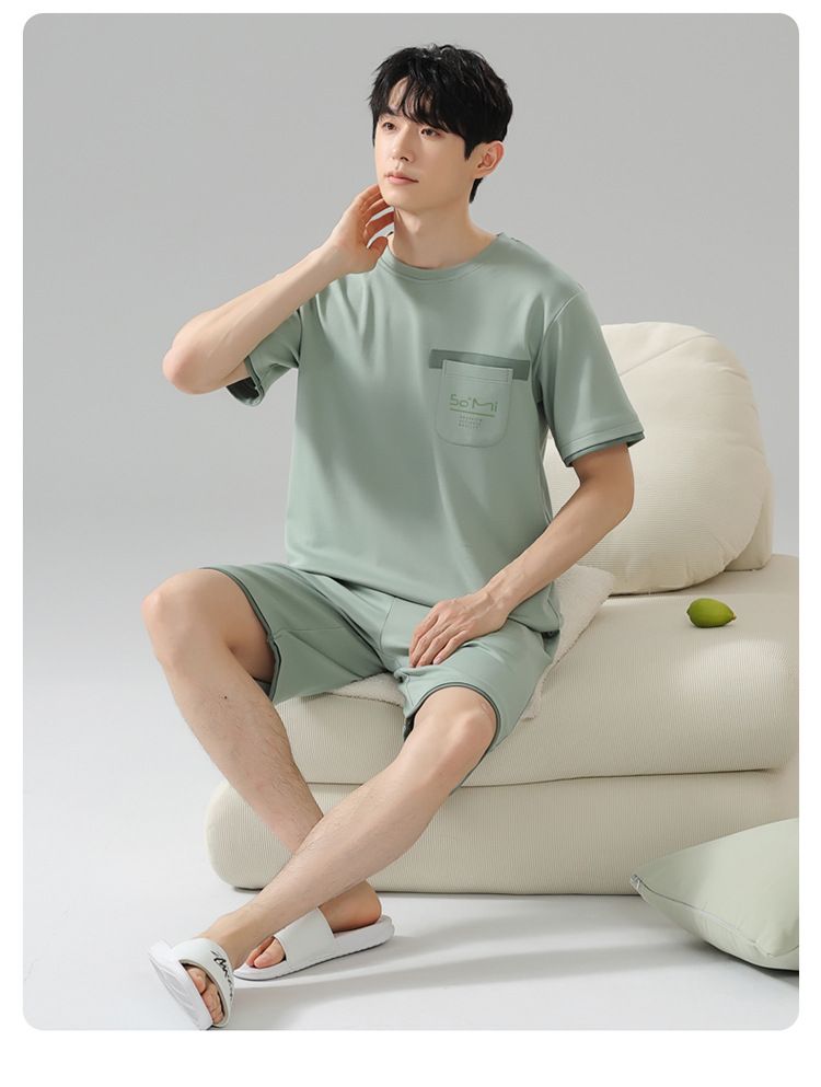 Sommerpyjama Herren Reine Baumwolle Dünn Schlichte Lässige Oberbekleidung Rundhals Pullover Kurzarm Shorts Baumwolle Heimkleidung Set_voghion.com