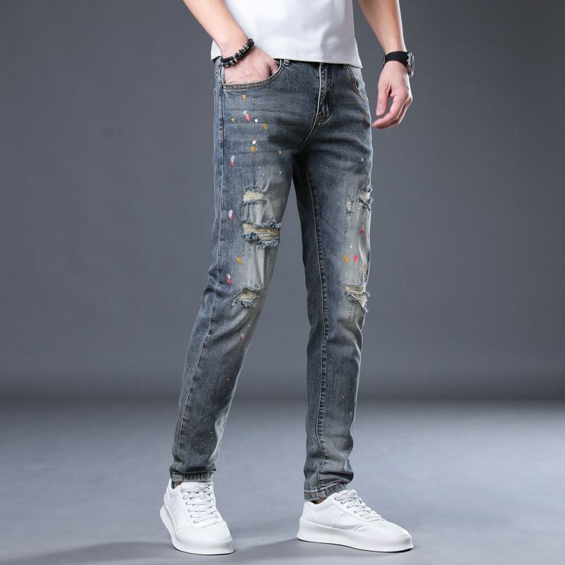 Painted trendy elastic youth distressed jeans slim fit spring/summer small leg denim men's pants_voghion.com
