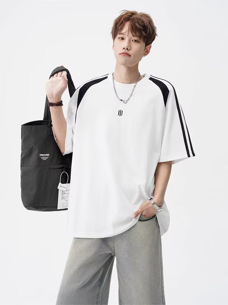 Men's Fashion Short Sleeve T-Shirt Breathable Ice Silk Fabric Relaxed Fit Round Neck Color Blocking Design Versatile Casual Wear For Young Adults_voghion.com