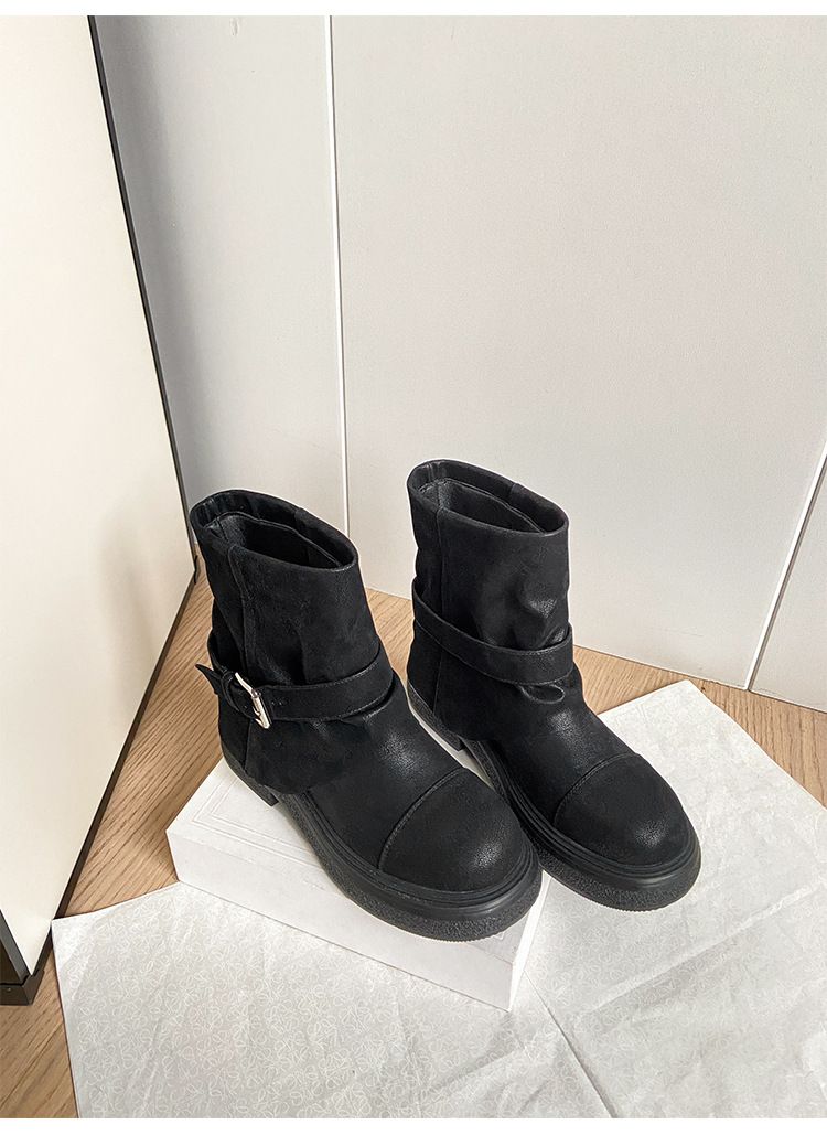 Women's Distressed Western Ankle Boots - Stacked Fold Design, Round Toe, Chunky Heel, Waterproof PU (Black, Khaki)_voghion.com