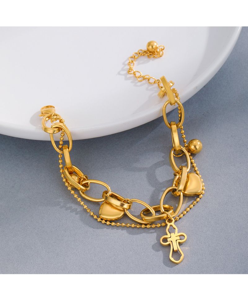 14K Gold-plated Double-layer Cross Stainless Steel Bracelet Retro Style Fashion Ball Love Bracelet Female Titanium Steel_voghion.com