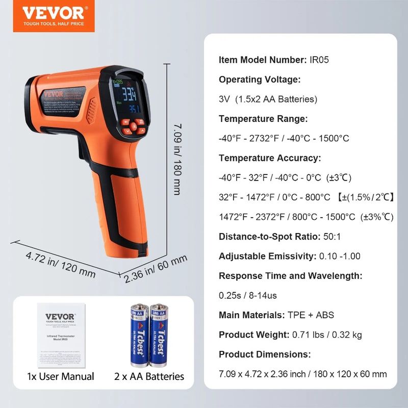 Temperature Infrared Gun Thermometer IR Emissi Temperature Gun With Adjustable Handheld Dual -40~2732°F Heat Laser Non-Contact_voghion.com