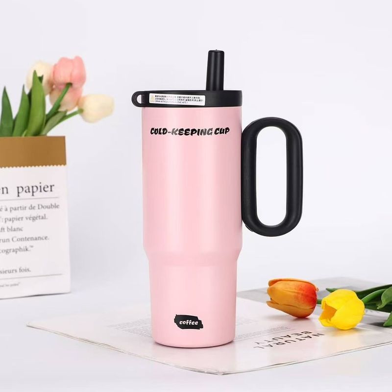 Becher mit Griffdeckel Stroh Edelstahl Wasserflasche Vakuum Thermosbecher Reise Auto Kaffeebecher 750ml_voghion.com