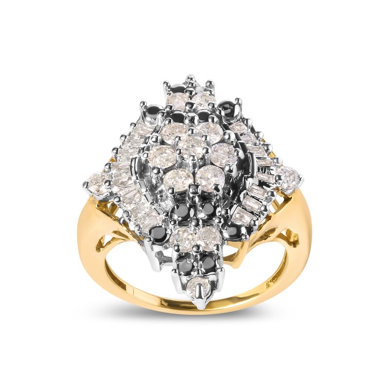 10K Yellow Gold 1 Cttw Round and Baguette cut Diamond Cluster and Rhombus Halo Ring (H-I Color, I1-I2 Clarity) - Ring Size 7_voghion.com