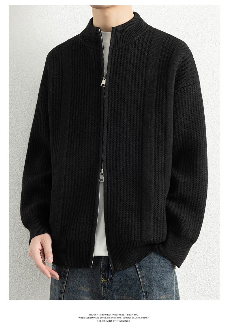 Herbst und Winter Herren Neue Stehkragen Doppelreißverschluss Strickjacke Modische Casual Solid Color Vielseitige Pulloverjacke_voghion.com