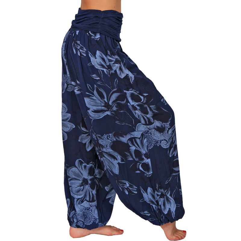 Plus Size Boho Pants, Women's Plus Floral Print Ruched Low Waist Loose Comfy Harem Pants_voghion.com