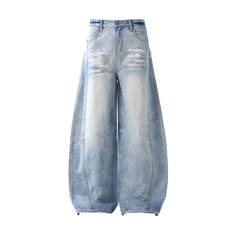 Deconstructed Raw Hem Men's Jeans | American High Street Baggy J-Curve Fit With Whisker Wash_voghion.com