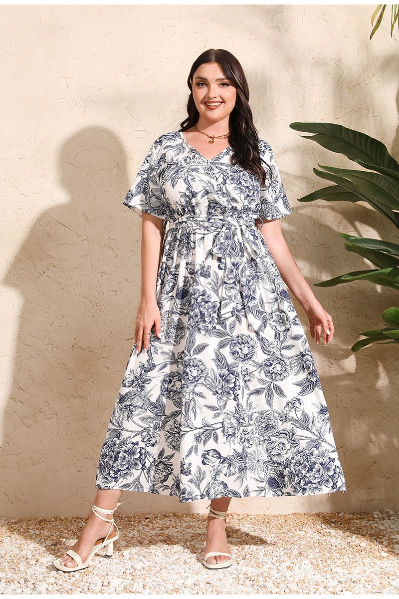 Vestido de talla grande para mujer, falda larga de manga corta con cintura elástica y flores pintadas artísticas, mm de grasa_voghion.com
