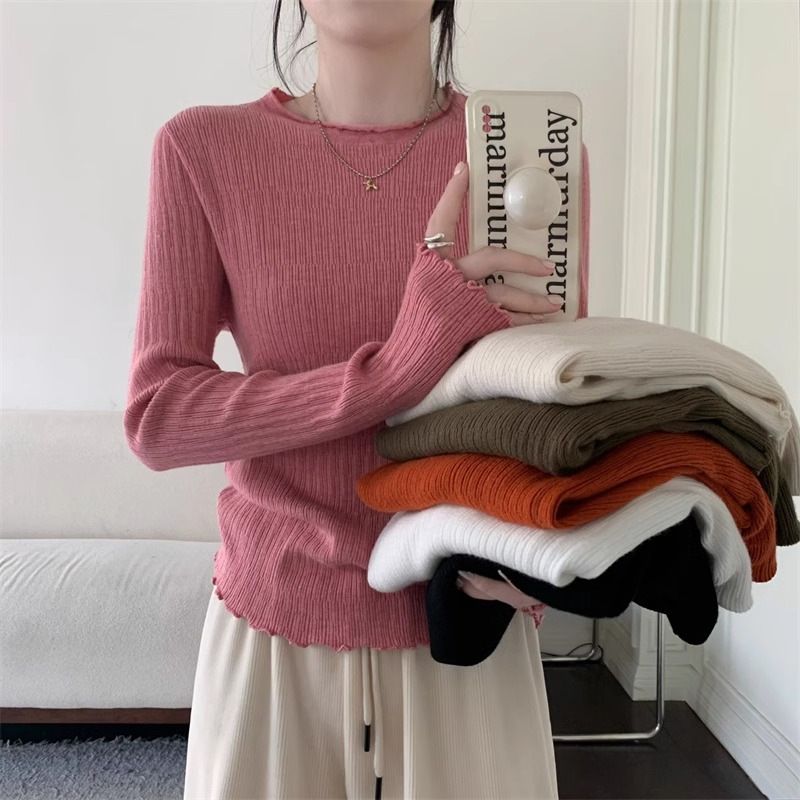 Raspberry colored knitted black fungus edge long sleeved base shirt for women in spring autumn, coat, and paired with a_voghion.com