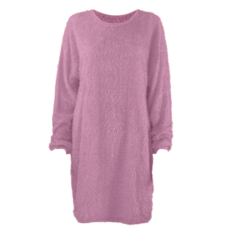 Robe ample en peluche mi-longue à manches longues et col rond pour femme automne/hiver 2023_voghion.com