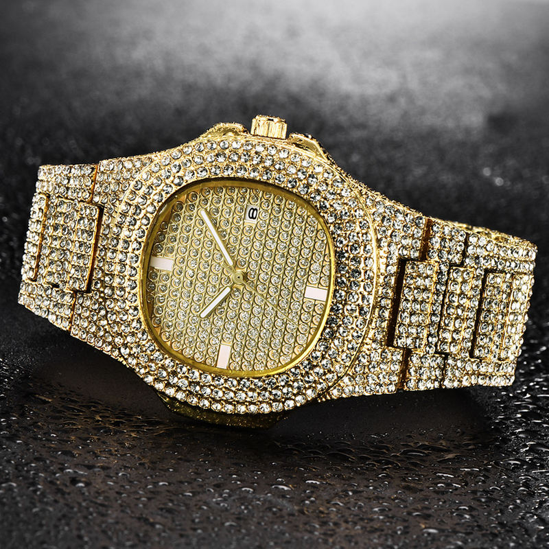 Herrenuhr mit Diamanten im Hip-Shop-Design, Legierungsband und Datumsanzeige_voghion.com