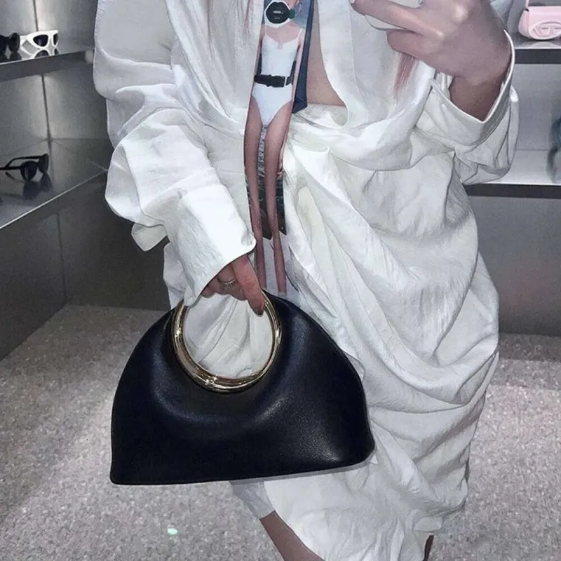 2025 Metallic Runde Griff Handtasche Designer Abend Taschen Für Frauen Weiche PU Leder Schulter Tasche Half Moon Cloud Kupplung_voghion.com