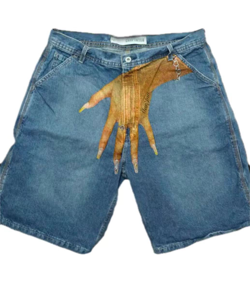 Îmbrăcăminte bărbătească, pantaloni scurți din denim imprimați, model hip-hop Y2K, stil masculin, stil casual, pentru cupluri_voghion.com