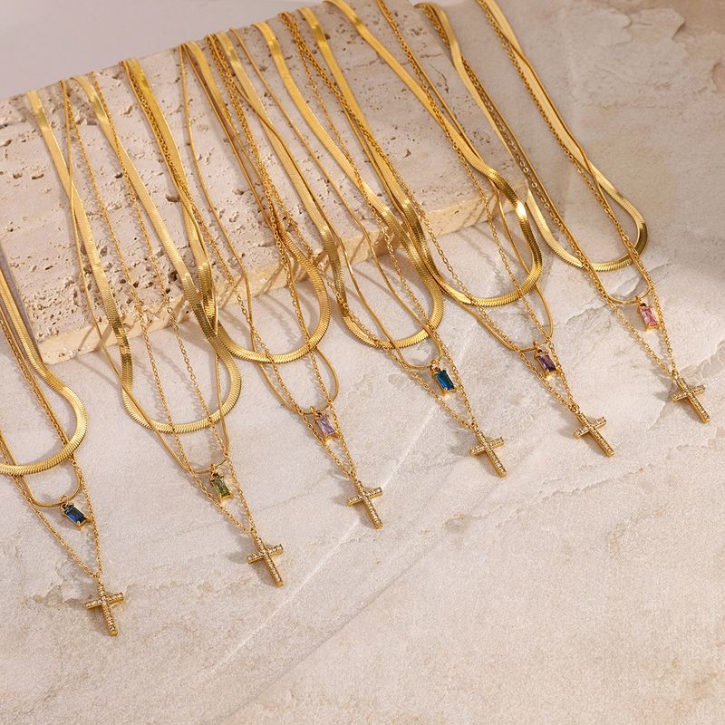 Collana girocollo con ciondolo geometrico in acciaio inossidabile a strati, con zirconi, per donne, elegante e alla moda_voghion.com