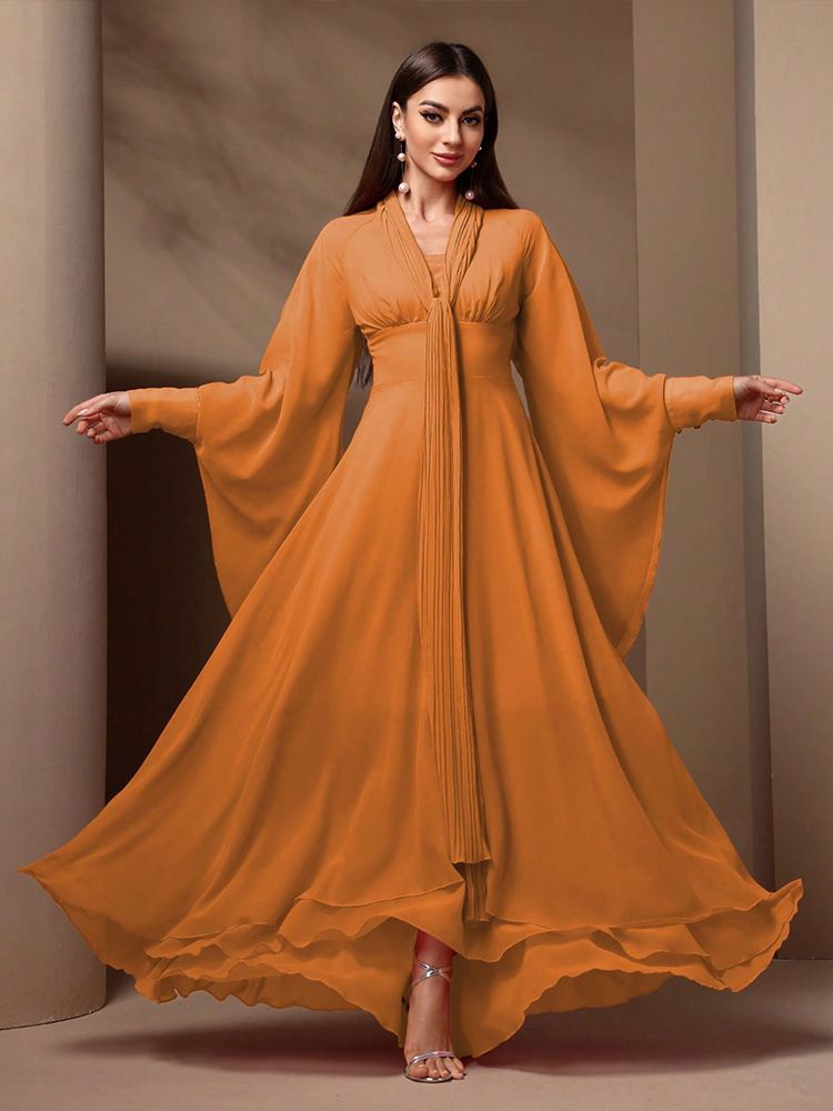 Women's Elegant Chiffon Maxi Dress With V-Neck, Lantern Sleeves & Ruffle Trim - A-Line High Waist Party Gown For Wedding, Evening Occasions (Orange)_voghion.com