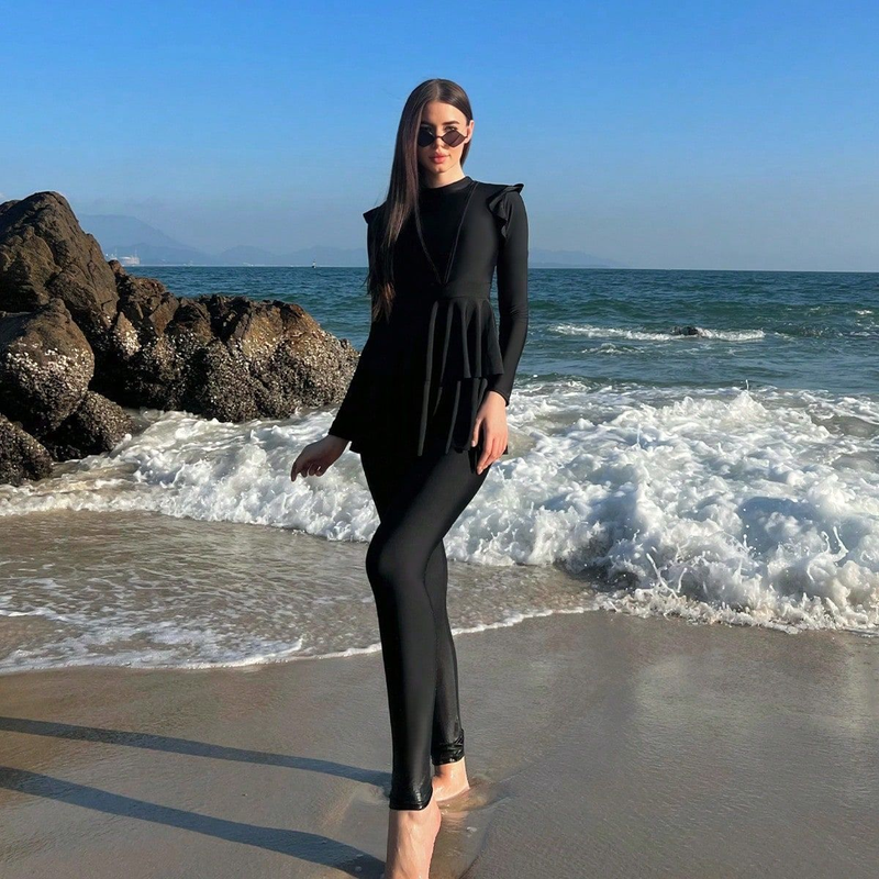 Women's swimsuit split two-piece set ruffled long-sleeved trousers conservative flesh-covering swimsuit_voghion.com