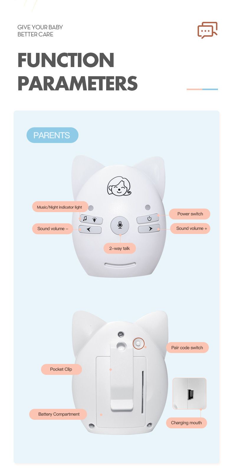 Mutter & Kinder Babyphone Kindersprechanlage Musik beruhigendes Babyspielzeug Zwei-Wege-Stimme Nachtlichtmonitor_voghion.com