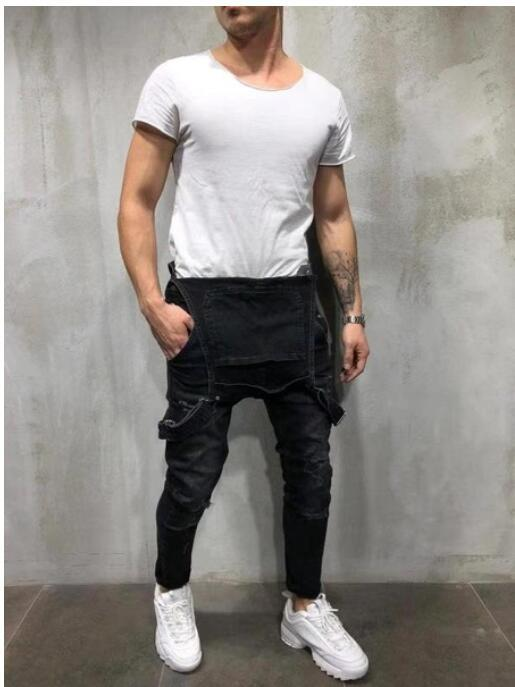 Macacão jeans masculino com cadarço jeans rasgado_voghion.com