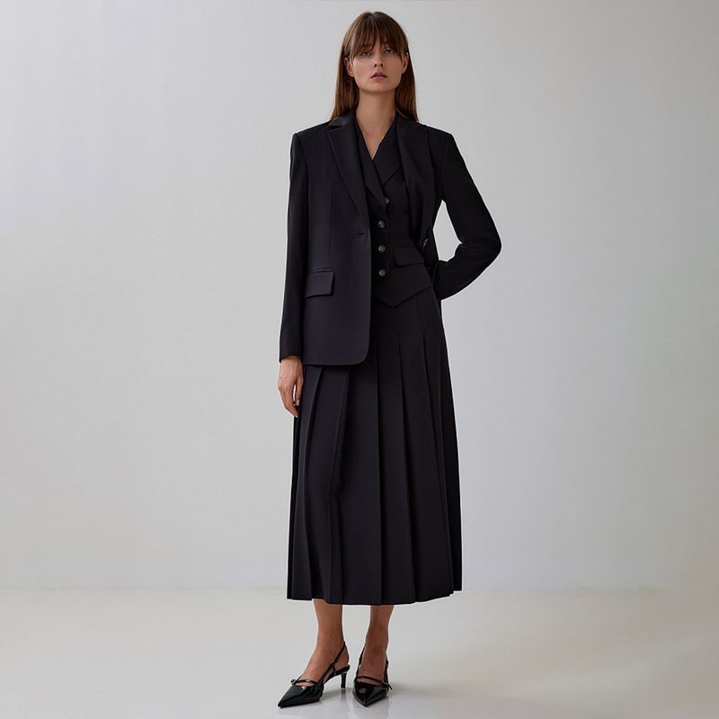 Vêtements pour femmes, tempérament d'automne élégant, nouveau gilet sans manches, jupe longue plissée, costume deux pièces_voghion.com