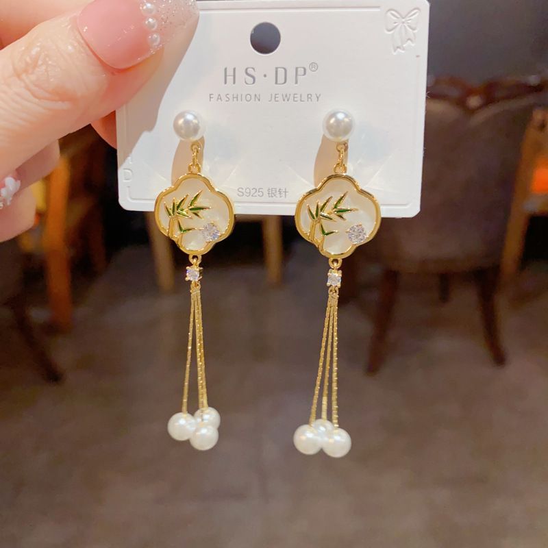 Nuovi orecchini a ventaglio in stile cinese con foglie di bambù - Design nazionale con nappe lunghe e perle | Accessori per le orecchie abbinati al cheongsam per le donne_voghion.com