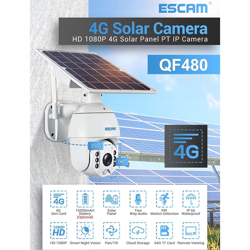 QF480 US verze HD 1080P IP66 Voděodolná 4G solární panel PT IP kamera s baterií, podpora nočního vidění / detekce pohybu / TF karta / obousměrný zvuk (bílá)_voghion.com