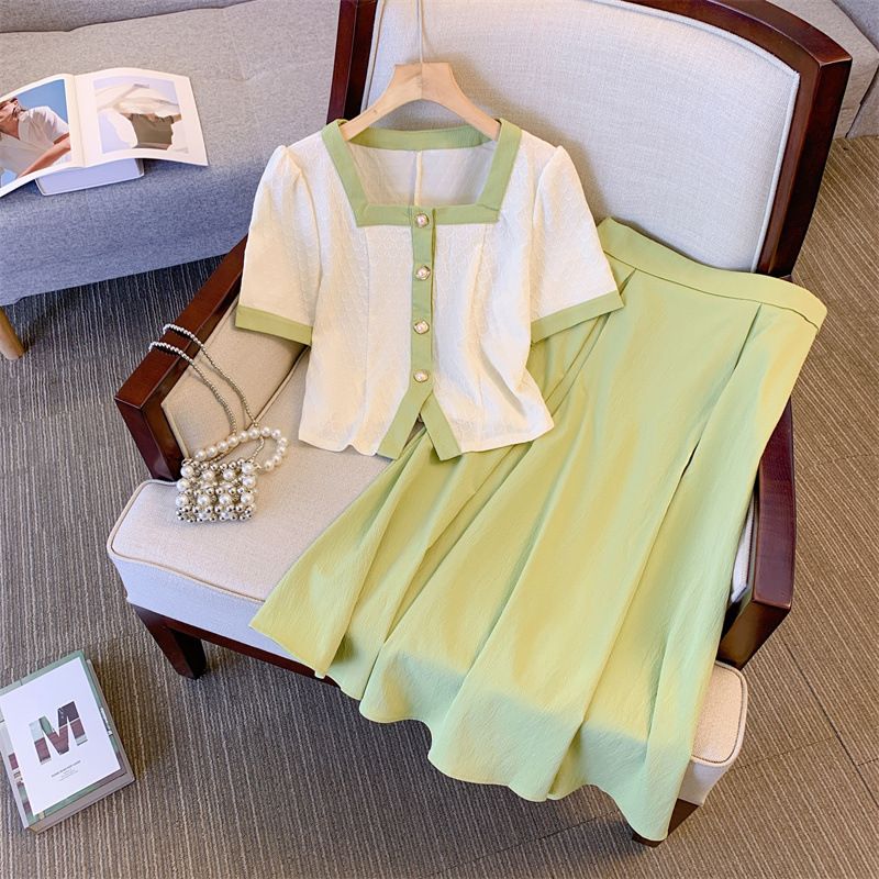 Women's Clothing Large Size Suit For Women In Summer, Two Piece Suit For Fat Girls, Age Reducing Splicing, Button Square Collar Top With High Waist_voghion.com
