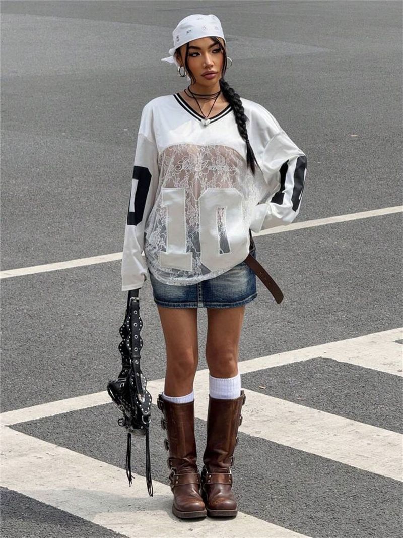 Damenbekleidung Sommer Neue Damenbekleidung Persönlichkeit Trendy Style Bedruckte Spitze Durchsichtiges Sweatshirt mit V-Ausschnitt_voghion.com