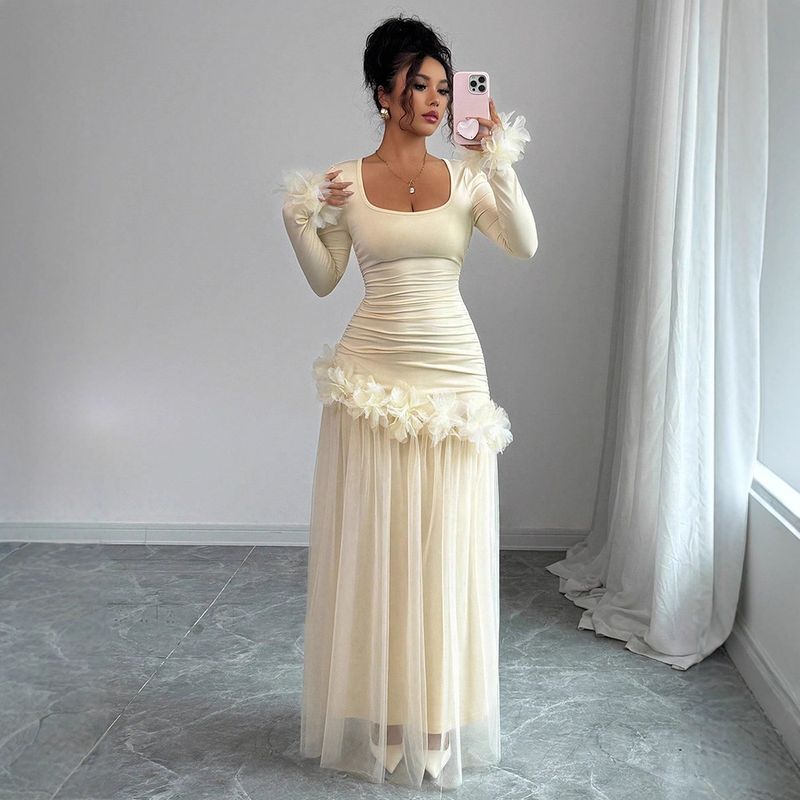 Abito a trapezio a vita alta in rete – Elegante abito a strati trasparente a maniche lunghe con orlo arricciato (S/M/L/XL, misto poliestere-spandex traspirante)_voghion.com