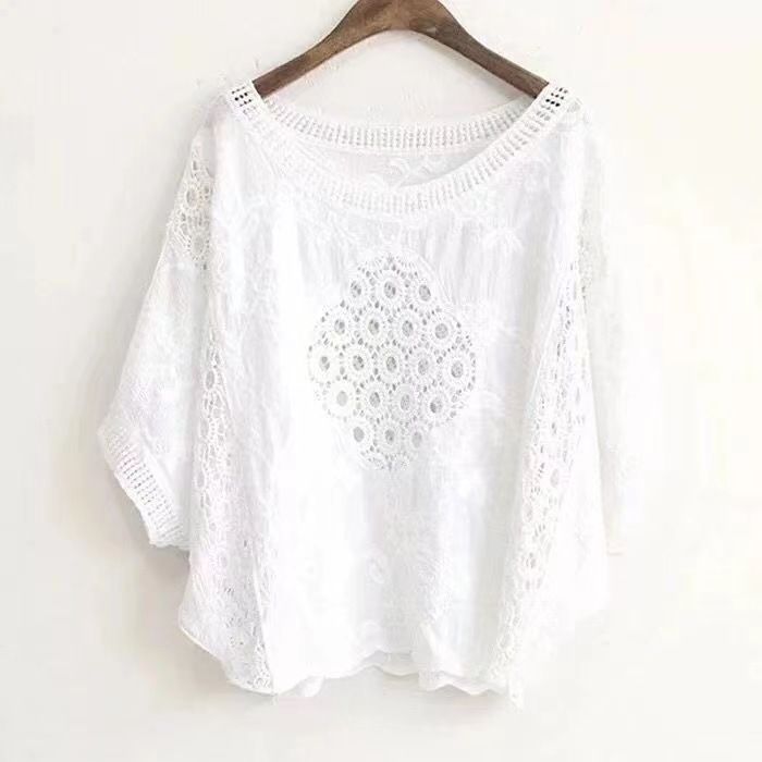 Dames Nieuwe Stijl Retro Holle Kanten Shirt Vrouwelijke Losse Zonbescherming Kleding Dames Katoenen Tops Dames_voghion.com