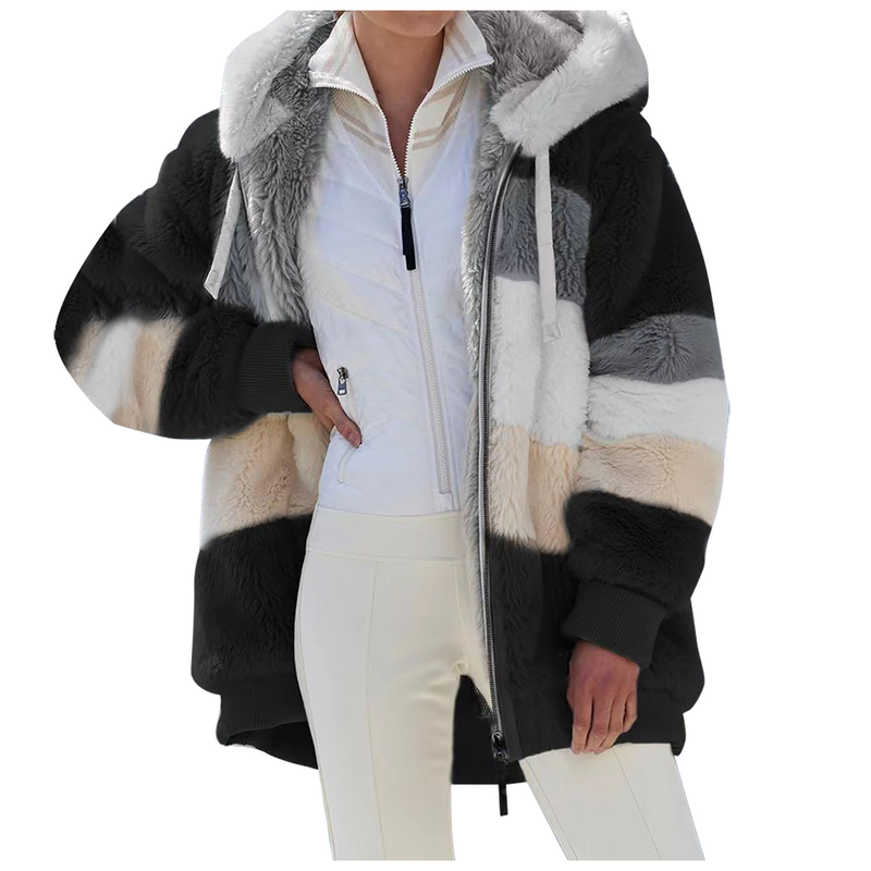 Kadınlar için sıcak peluş patchwork fermuarlı cepli kapşonlu bol ceket_voghion.com