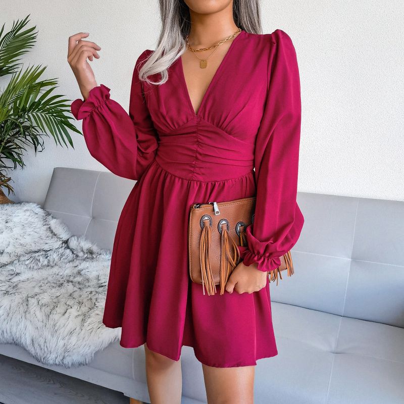 Abito da donna in chiffon plissettato con scollo a V sexy e cintura in vita, stile Ins, primavera estate_voghion.com
