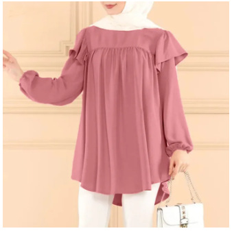 women's solid color long-sleeved loose ruffled round neck top shirt_voghion.com