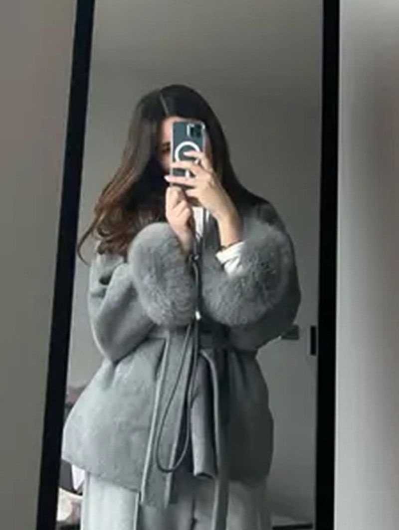 Women's Clothing Autumn And Winter Woolen Coat Short Coat Women's Cuffs Fur V Neck Lace Up Solid Color_voghion.com