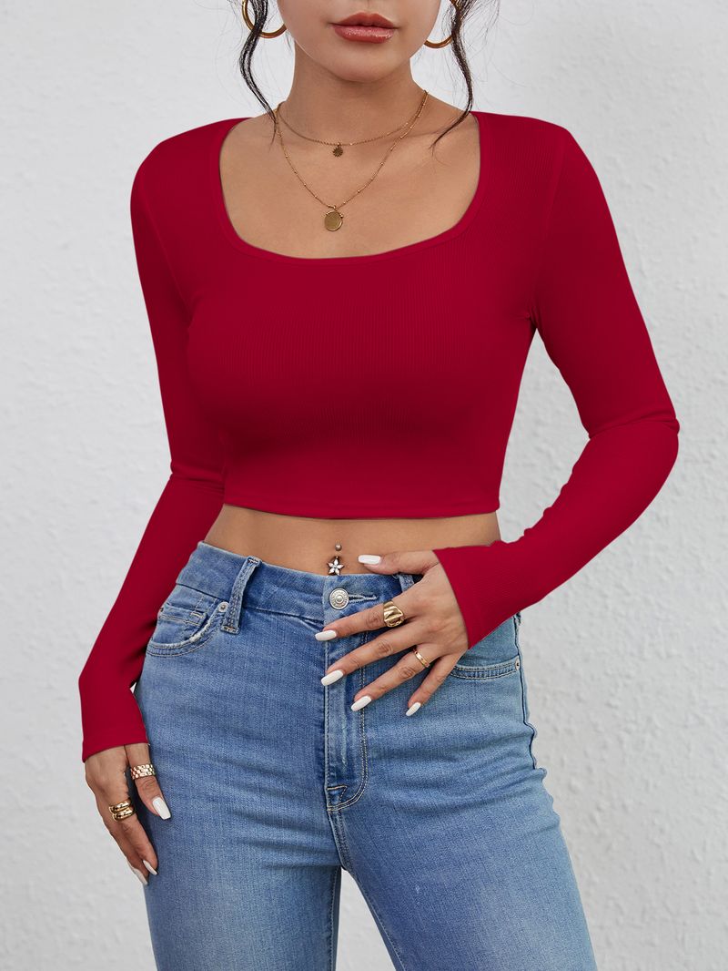 Canotta sexy aderente corta con ombelico scoperto, outfit versatile per ragazze, maglia a maniche lunghe per abbigliamento esterno_voghion.com