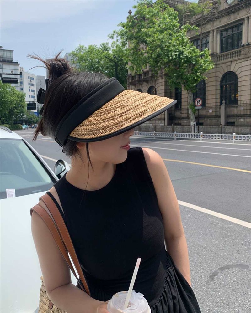 Cappello da sole estivo vintage in paglia intrecciata, da donna, con protezione solare, cappello a cilindro vuoto, cappello da sole per esterni in tessuto_voghion.com