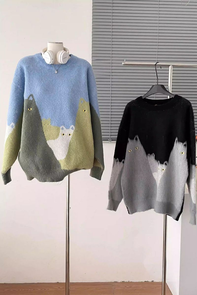 Trendiger Pullover mit Cartoon-Katze für Männer und Frauen, gestrickt, Jacquard-Stickerei, Farbblock, Paar, Lazy Style_voghion.com