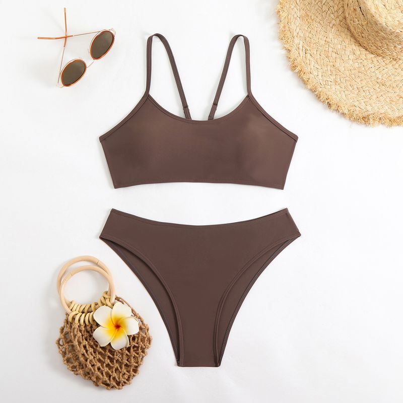 Einfarbiges Bikini-Set für Damen – Sexy High-Cut-Bademode für Strand und heiße Quellen (verstellbare Bänder, glattes Futter)_voghion.com