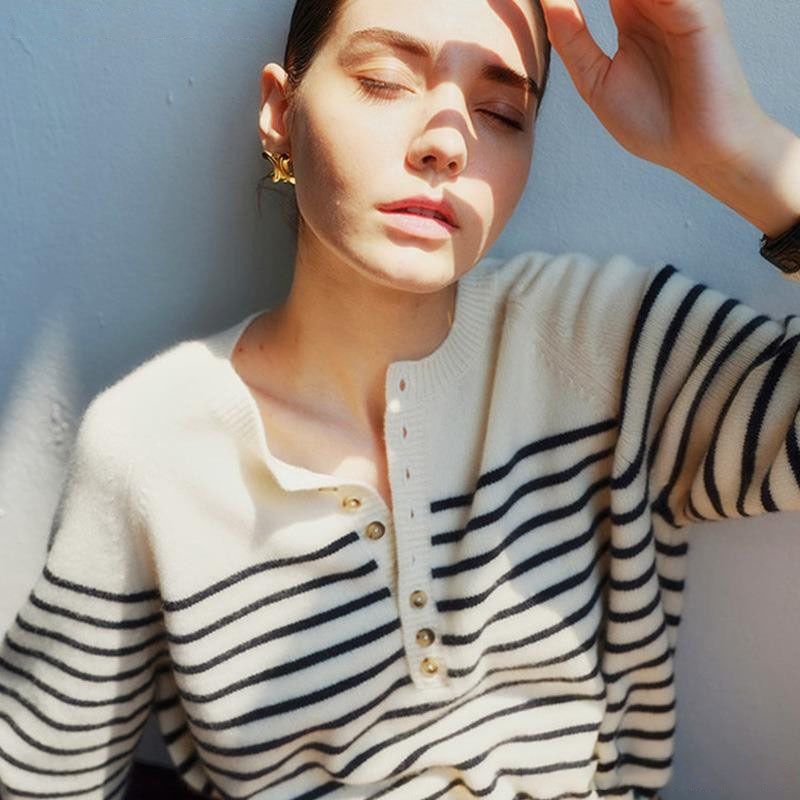 Maglione di lana a righe larghe, taglie forti, per donna, autunno inverno, nuovo, bianco, base shirt_voghion.com