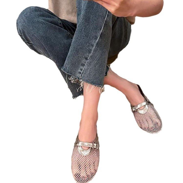 Plus Size Fishnet Hollow Mesh Sandals For Women 24 New Flat Mary Jane Closed Toe Slippers_voghion.com