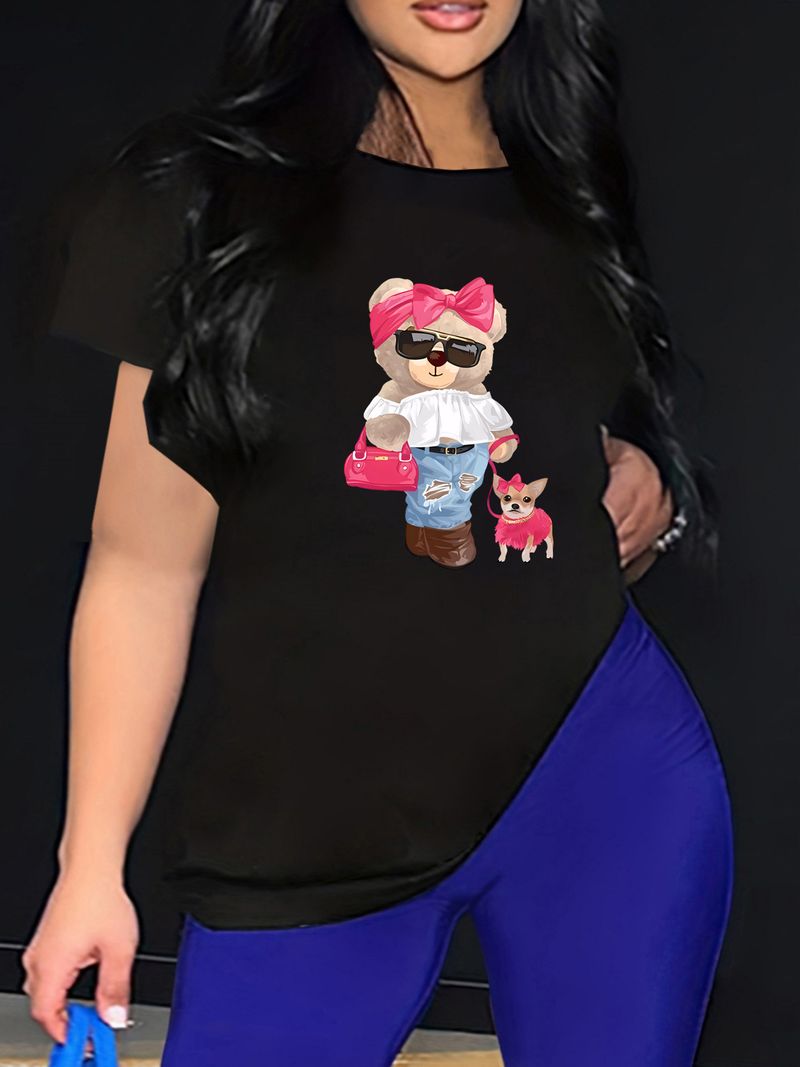 women's fashion casual plus size women's pattern printed round neck short sleeve plus size T-shirt_voghion.com