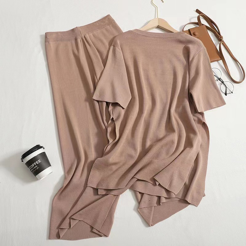 Damesgebreid pak, gebreide trui met losse split, tweedelige set, rechte casual broek met hoge taille_voghion.com