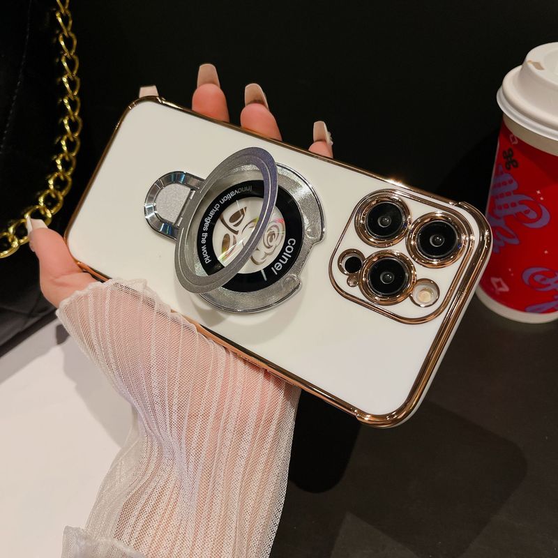 iPhone 15/16 Pro hoesje met roségouden zijprint en magnetische standaard - 6D gegalvaniseerde glitter schokbestendige hoes (slanke pasvorm, krasbestendig)_voghion.com