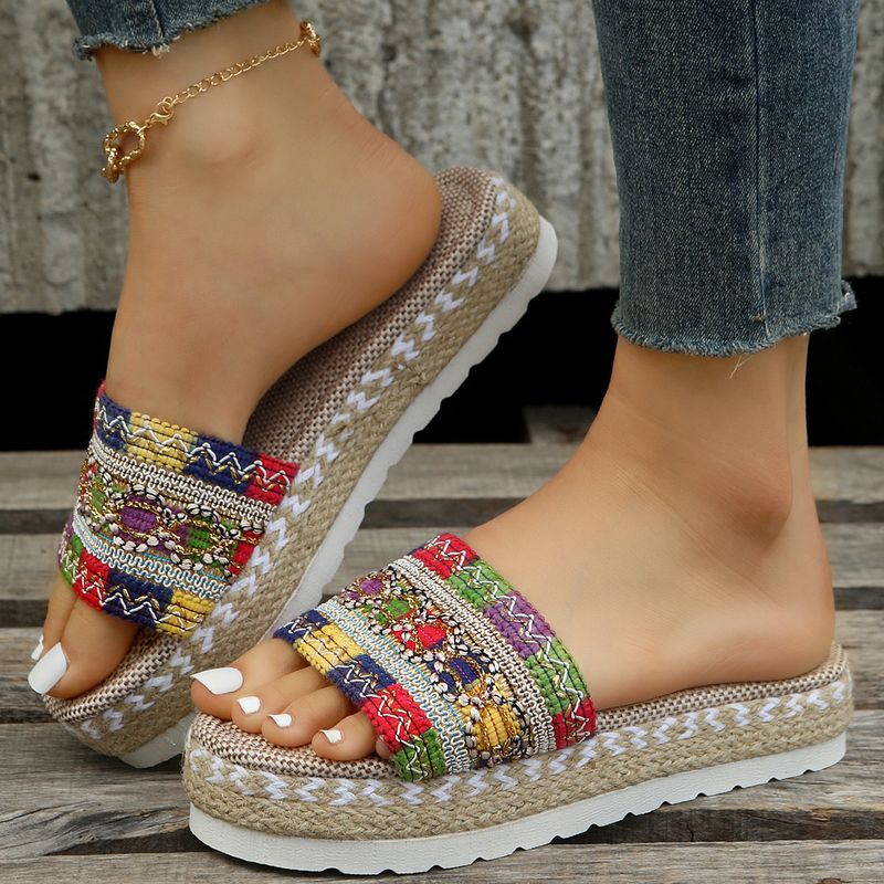 New Wide Width Women's Platform Peep-Toe Sandals - Boho Ethnic Jute Rope Candy Color Flip Flops (Comfortable Thick Sole Summer Beach Slippers)_voghion.com