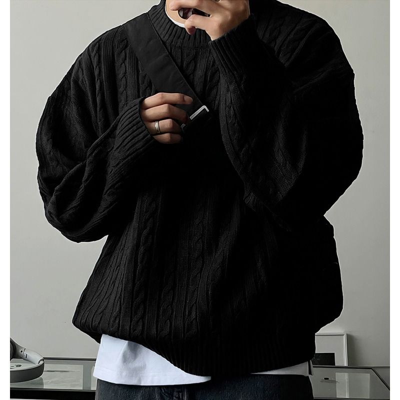 Maglione da uomo in maglia a trecce – Pullover girocollo oversize con spalle scese per autunno e inverno (S-XXXXL, bianco/blu navy/nero)_voghion.com