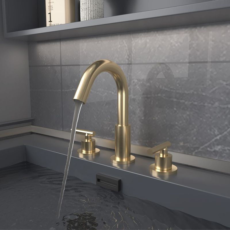 8 In. Widespread 2-Handle Mid-Arc Bathroom Faucet With Valve And CUPC Water Supply Lines In Brushed Gold_voghion.com
