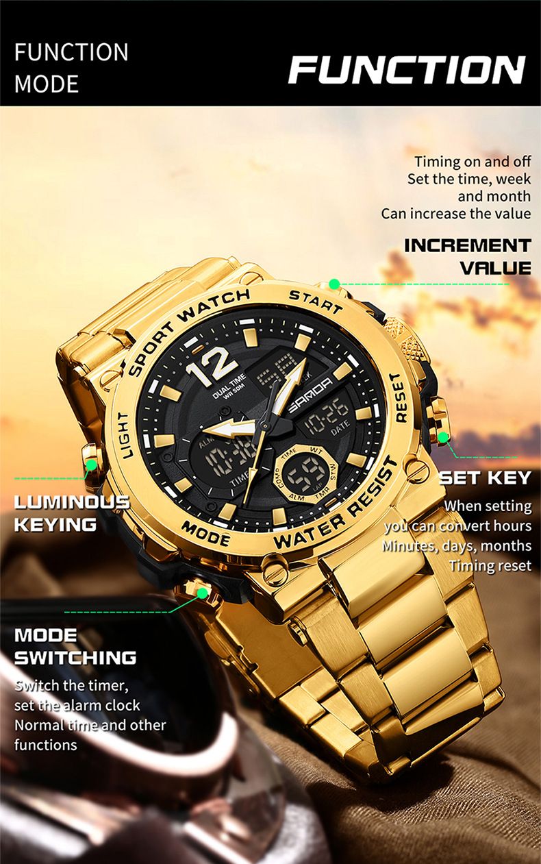 Montre homme en acier inoxydable à double affichage, multifonctionnelle : étanche, rétroéclairage LED, chronomètre, alarme, heure universelle, bracelet en acier inoxydable._voghion.com