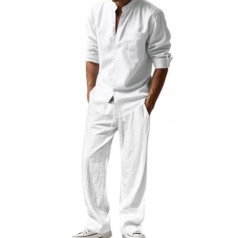 Ensemble de costume décontracté en lin pour homme - Chemise à manches longues et pantalon coupe décontractée - Blanc, noir, gris, kaki, bleu clair (S-XXXL)_voghion.com