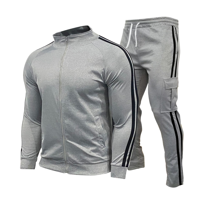 Terno casual esportivo masculino de duas listras com zíper e gola alta_voghion.com