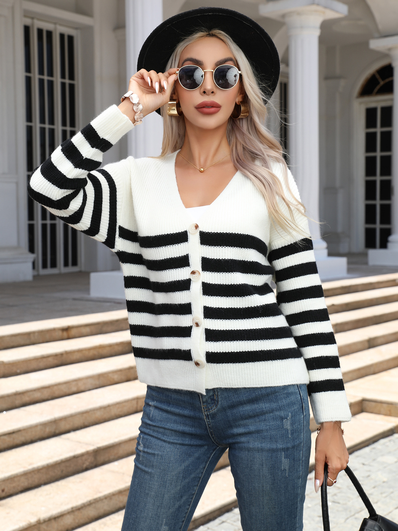 Cappotto maglione cardigan a righe semplice avanzato con scollo a V da donna_voghion.com